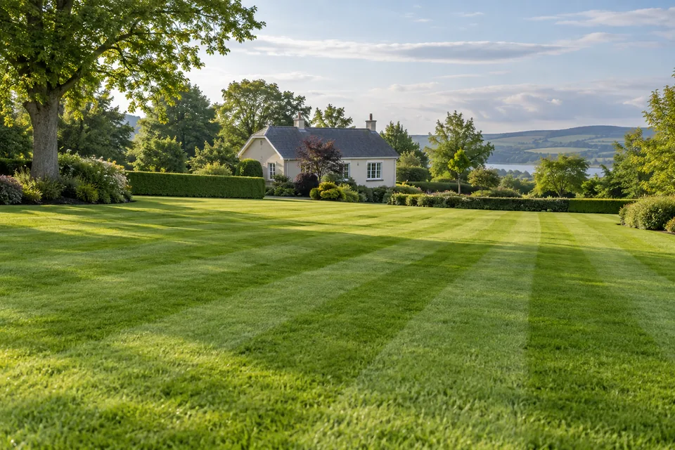 Illustrative striped green lawn beside an Irish country home