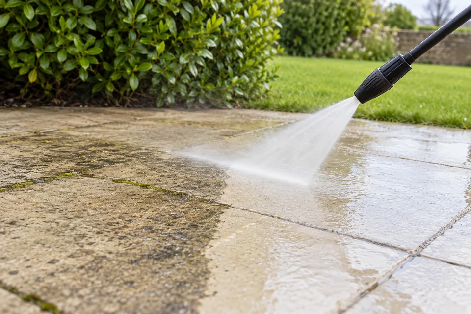 Illustrative pressure washer cleaning a stone patio